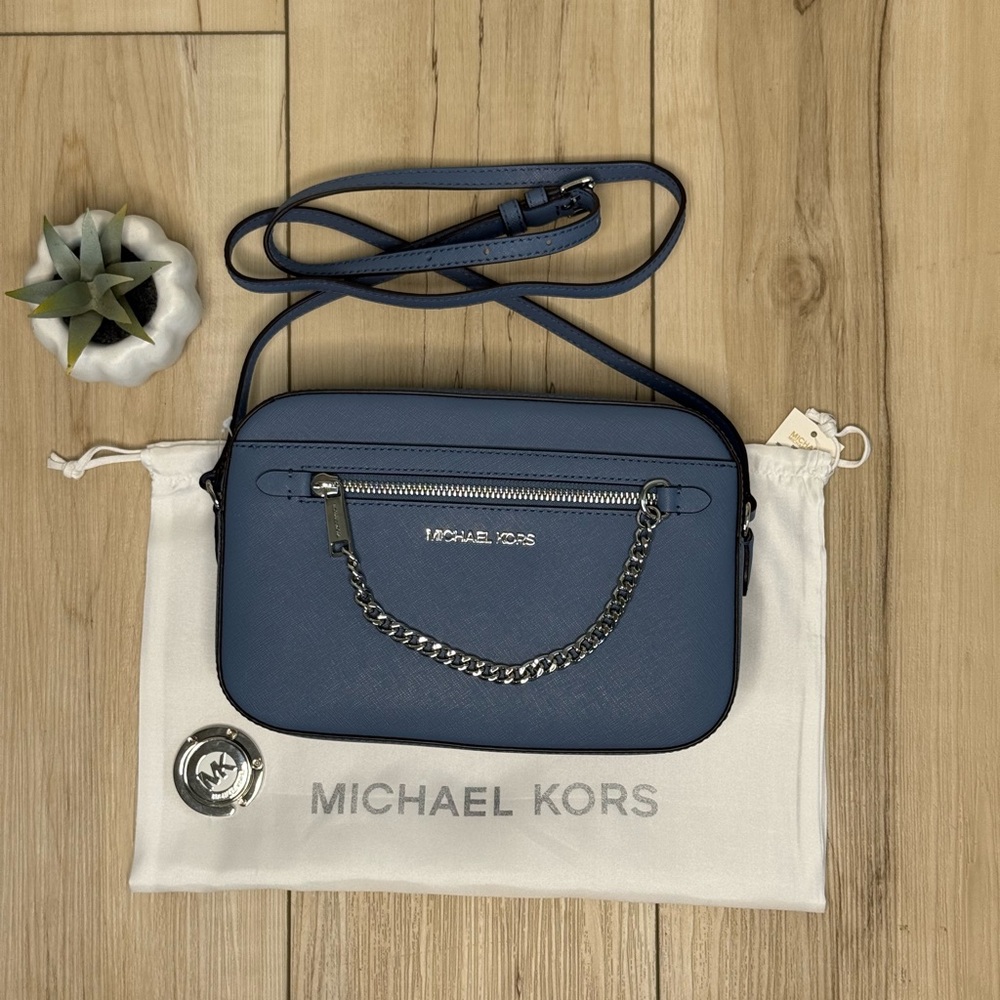 3pcs MICHAEL KORS EW Chain Crossbody Bag in Denim with Dust Bag & Purse Hook NWT